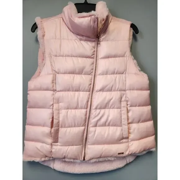 NWOT Justice Reversible Faux Fur Puffer Vest 14/6 Girls Pink Zip Up, Rose Gold - Picture 3 of 8